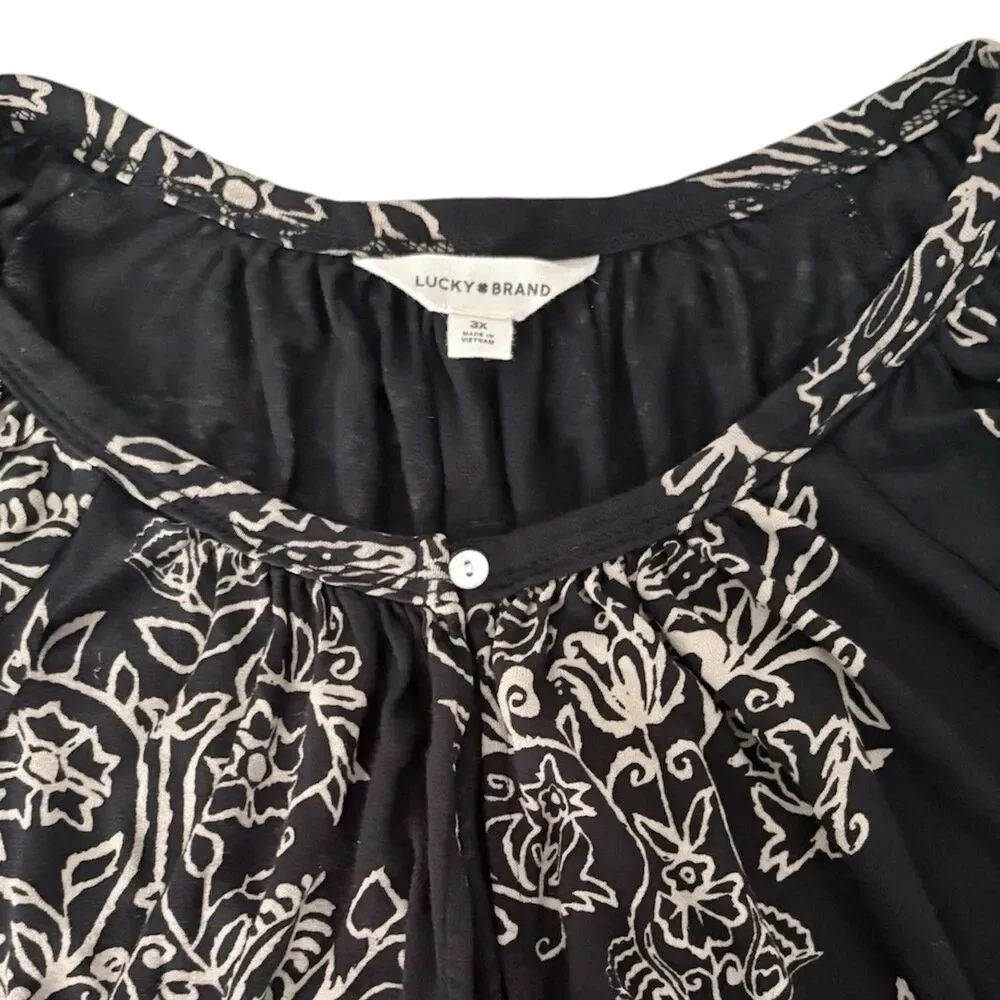 Lucky Brand 3X Black + Tan Damask Floral Peasant Blouse 3/4 Sleeve 100% Viscose